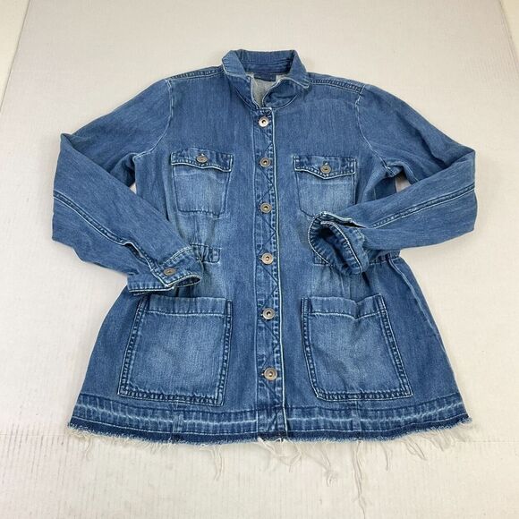 J.Jill Denim Utility Jacket Blue Button Down Drawstring Waist Raw Hem XSP Petite - Picture 1 of 11